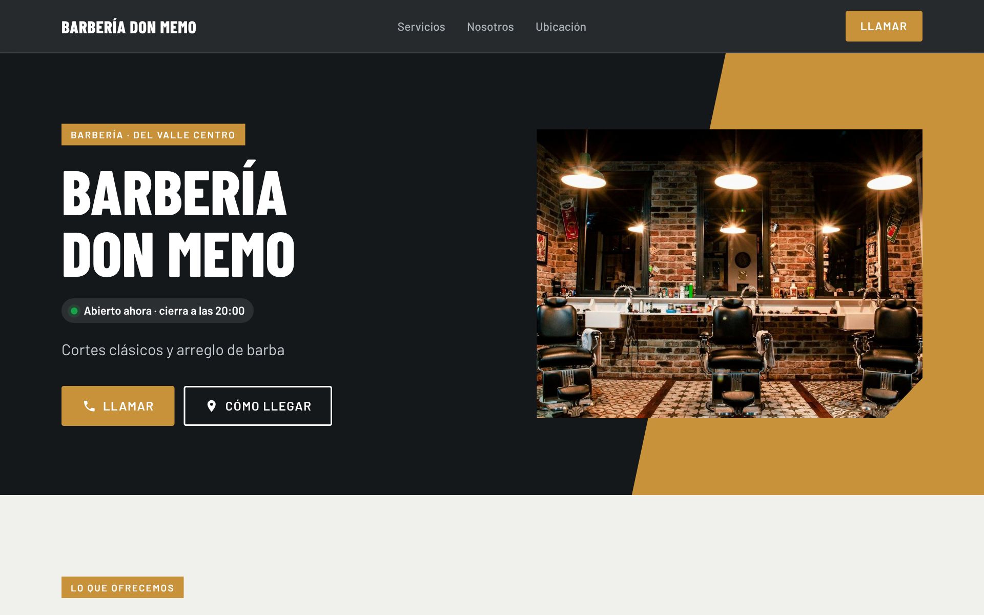 Página de ejemplo de una barbería, en computadora